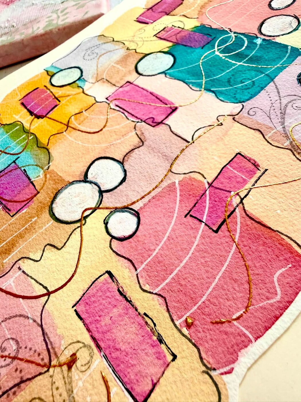 Watercolor abstract with gold thread